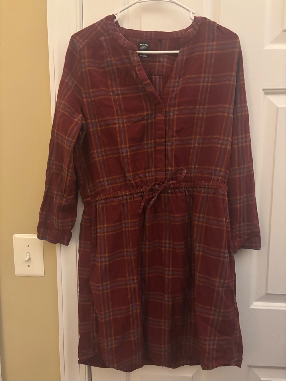 Prana Long Sleeve Plaid Drawstring Waist Dress - Burgundy Plaid Medium